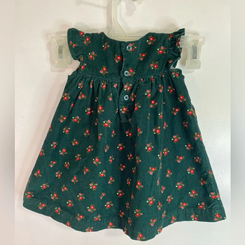 Baby Girls 9M Green Red Floral Dress Ruffle Trim Lined Holiday Outfit - Picture 2 of 6
